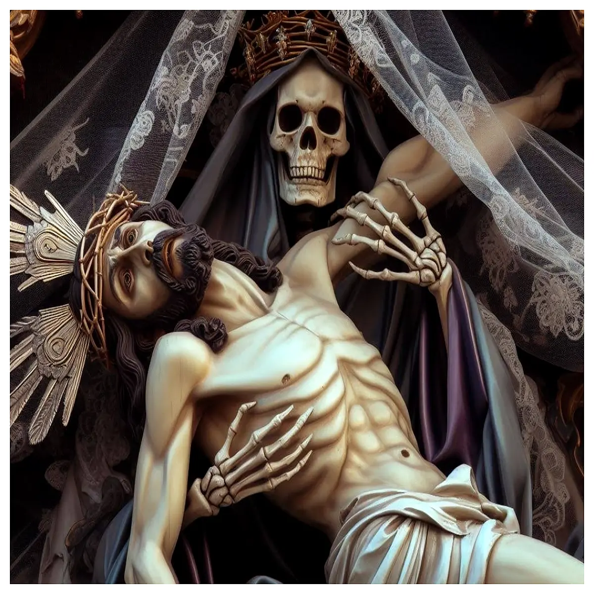 gothic religious art print dark sacred imagery memento mori canvas wall decor macabre spiritual painting for home office