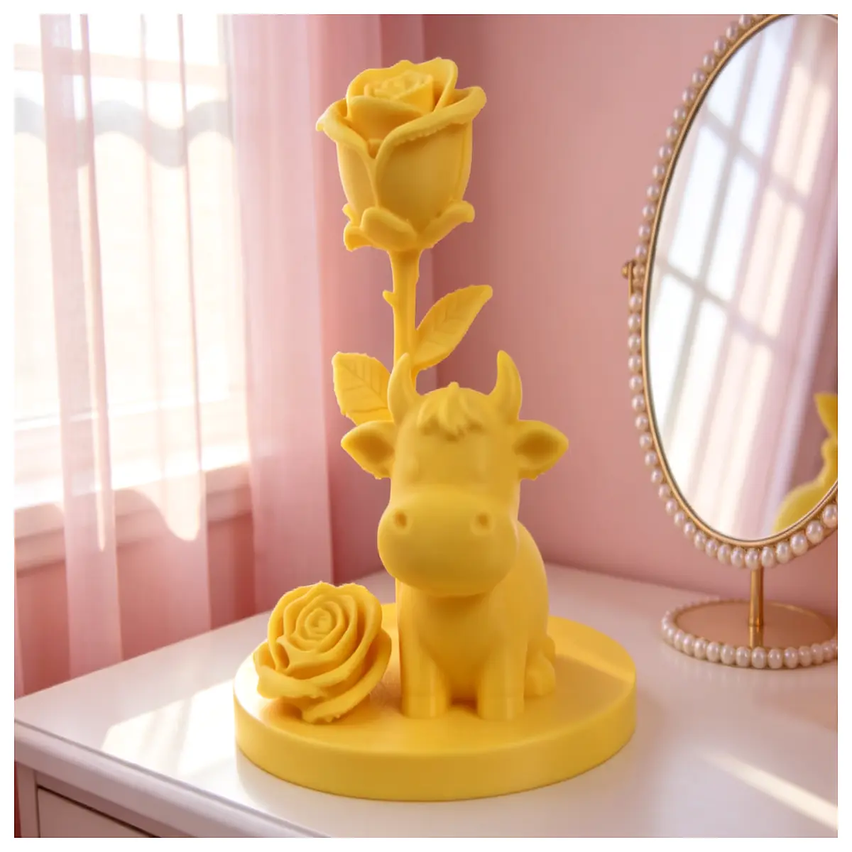 cute rose cow figurine for desk romantic home decor gift kawaii animal statue office shelf ornament