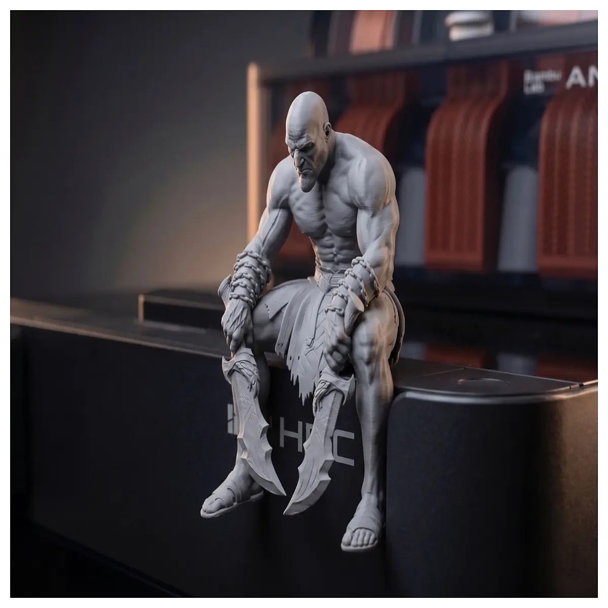 kratos resting with blades of chaos mythological statue gaming collectible figure dark fantasy decor