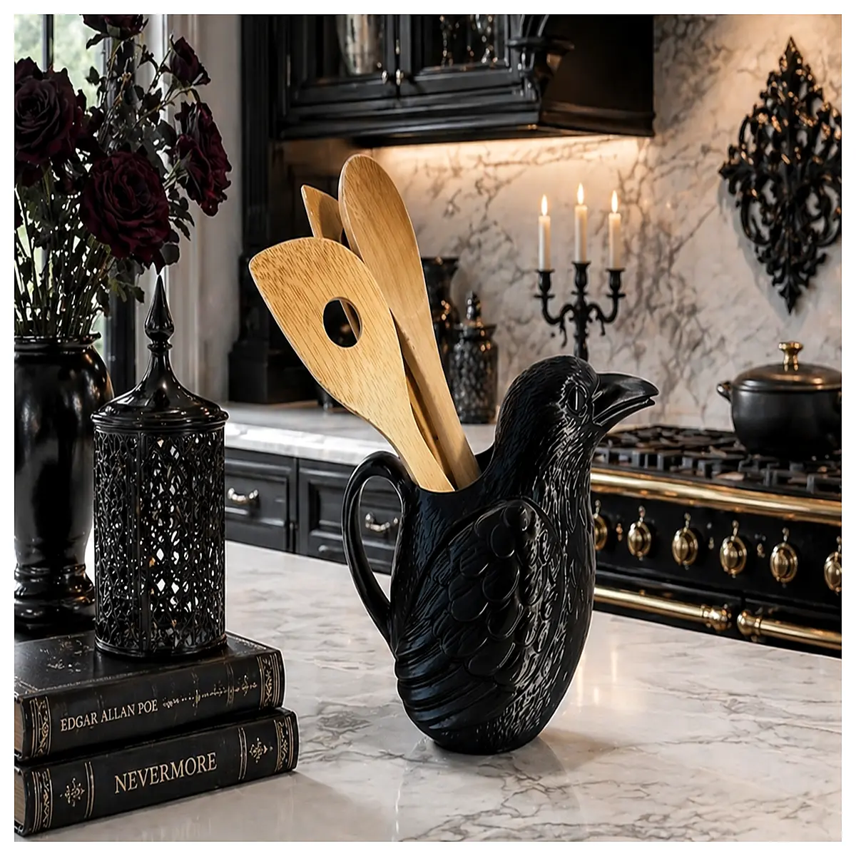 modern black raven bird utensil holder kitchen counter organizer for spoons forks knives crock