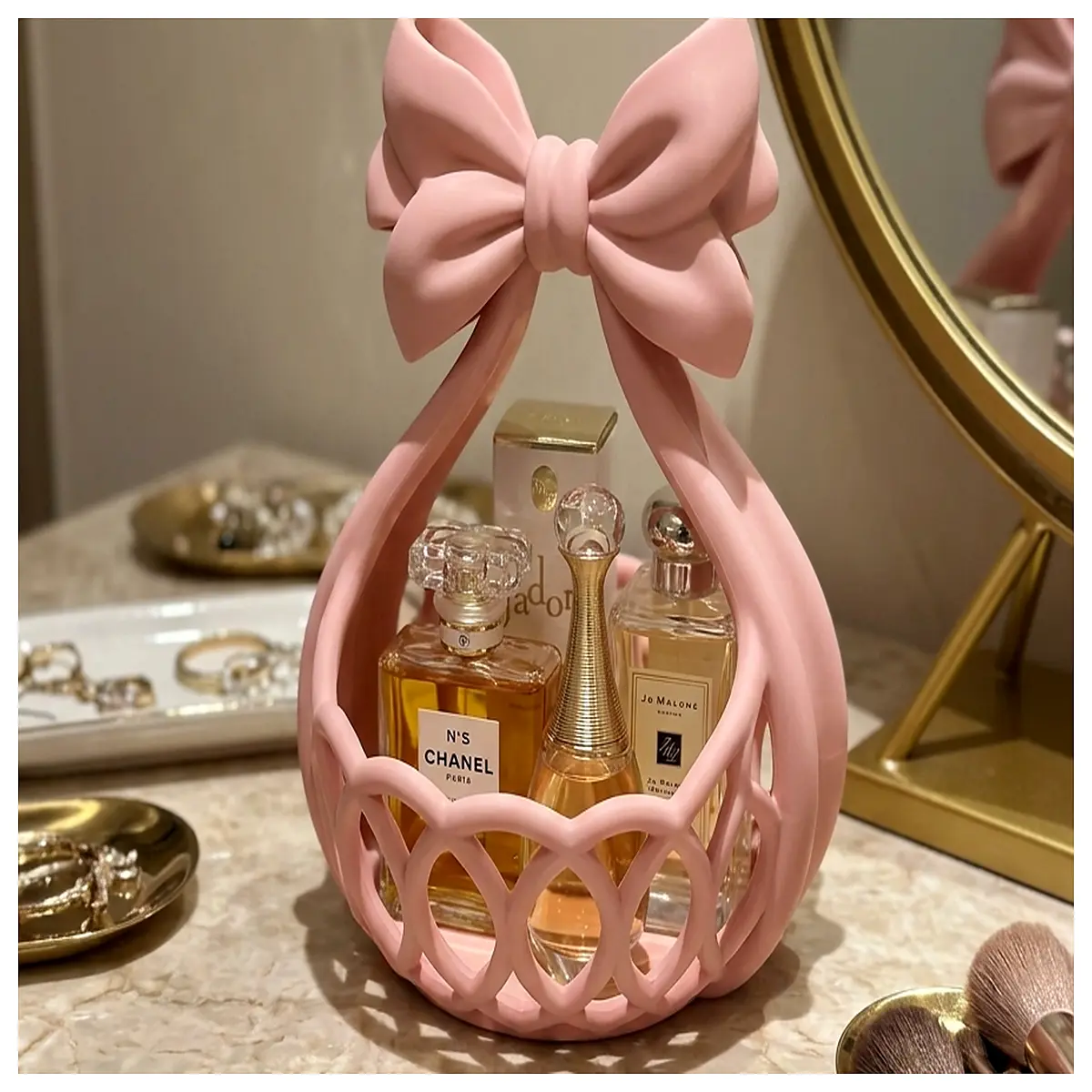 aesthetic vanity organizer basket for perfume bottles and makeup storage decorative cosmetic caddy for dressing table