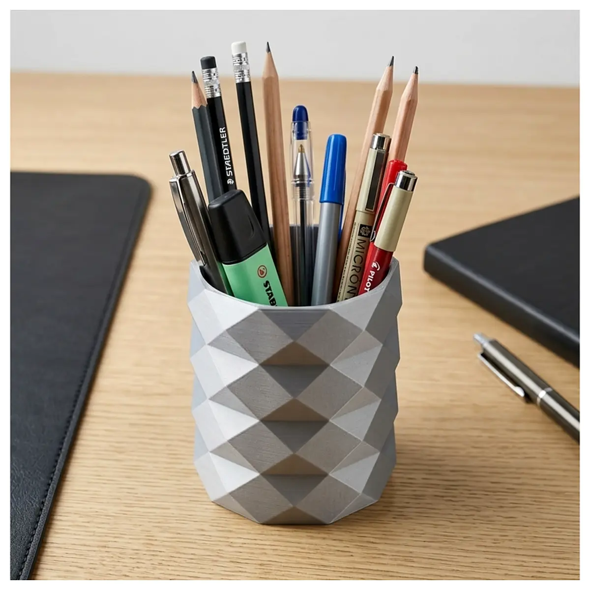 wooden pen and pencil holder for desk multi compartment organizer box with phone slot