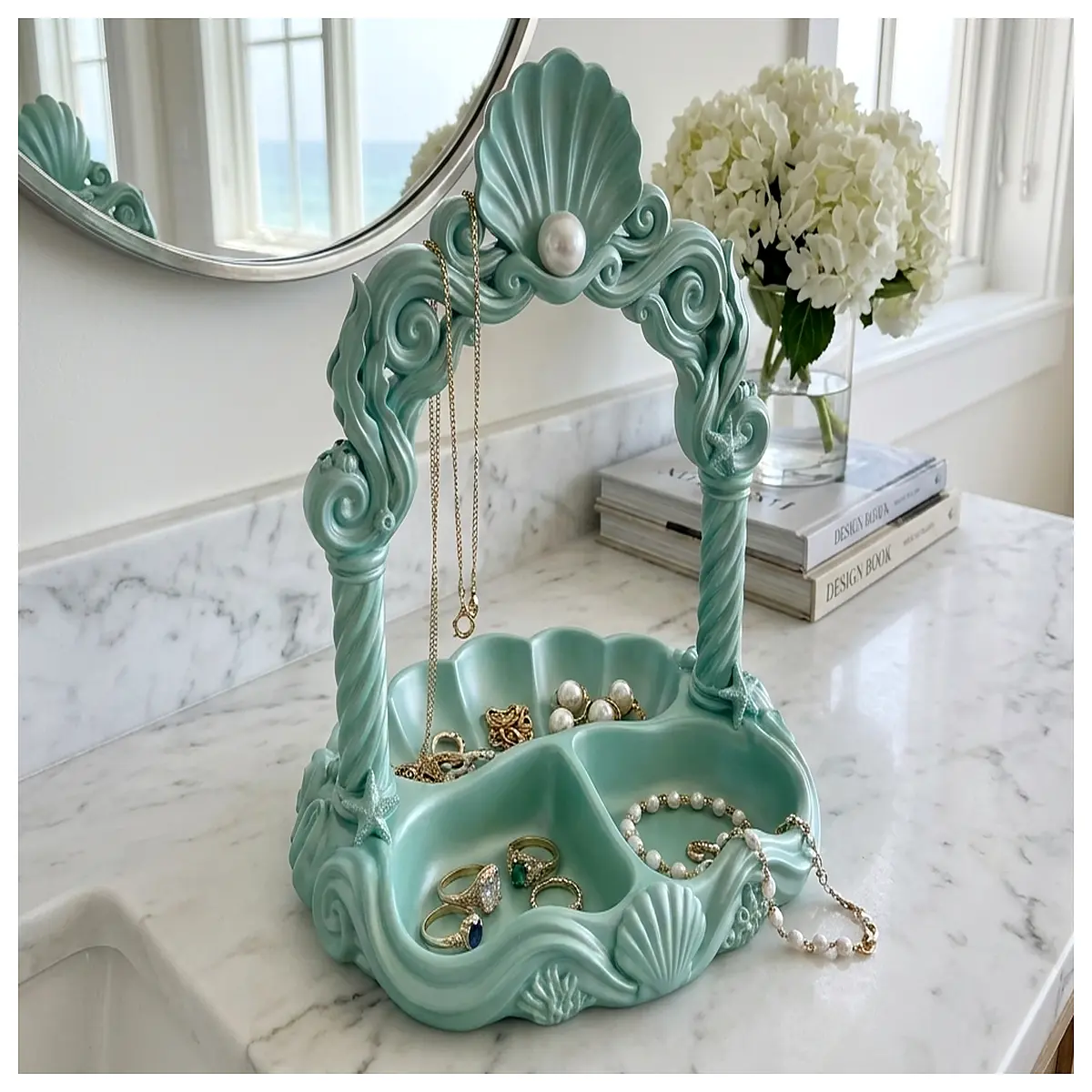 shell shaped jewelry organizer for rings necklaces earrings vanity tray storage dish for bathroom counter decluttering accessories
