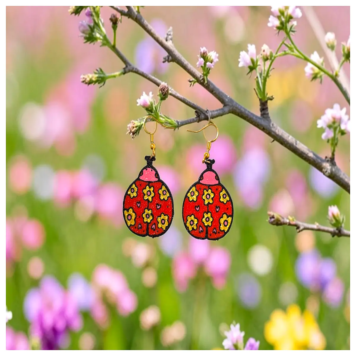 cute ladybug flower earrings for women dangle drop jewelry with crystal rhinestone floral design nature inspired insect accessories
