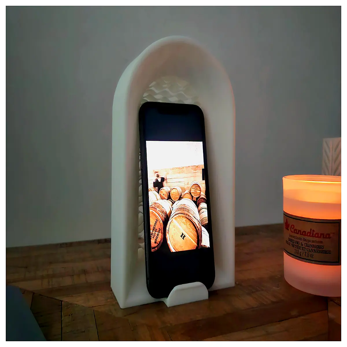 wave design phone with integrated headphone holder for desk organization