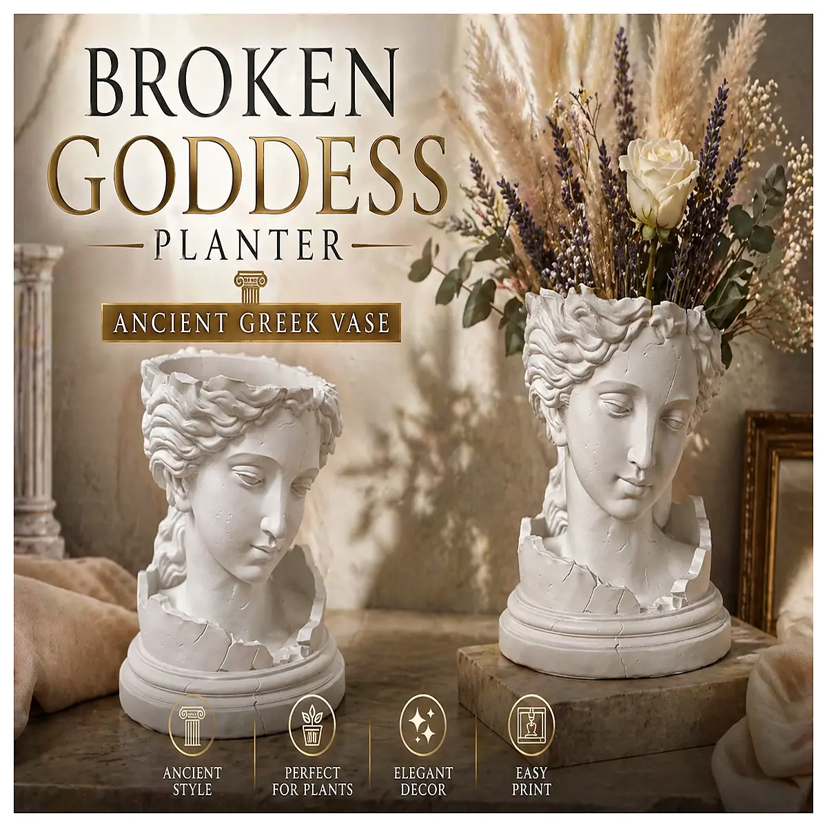 broken goddess vase antique greek style decorative home decor garden planter vintage pottery art piece