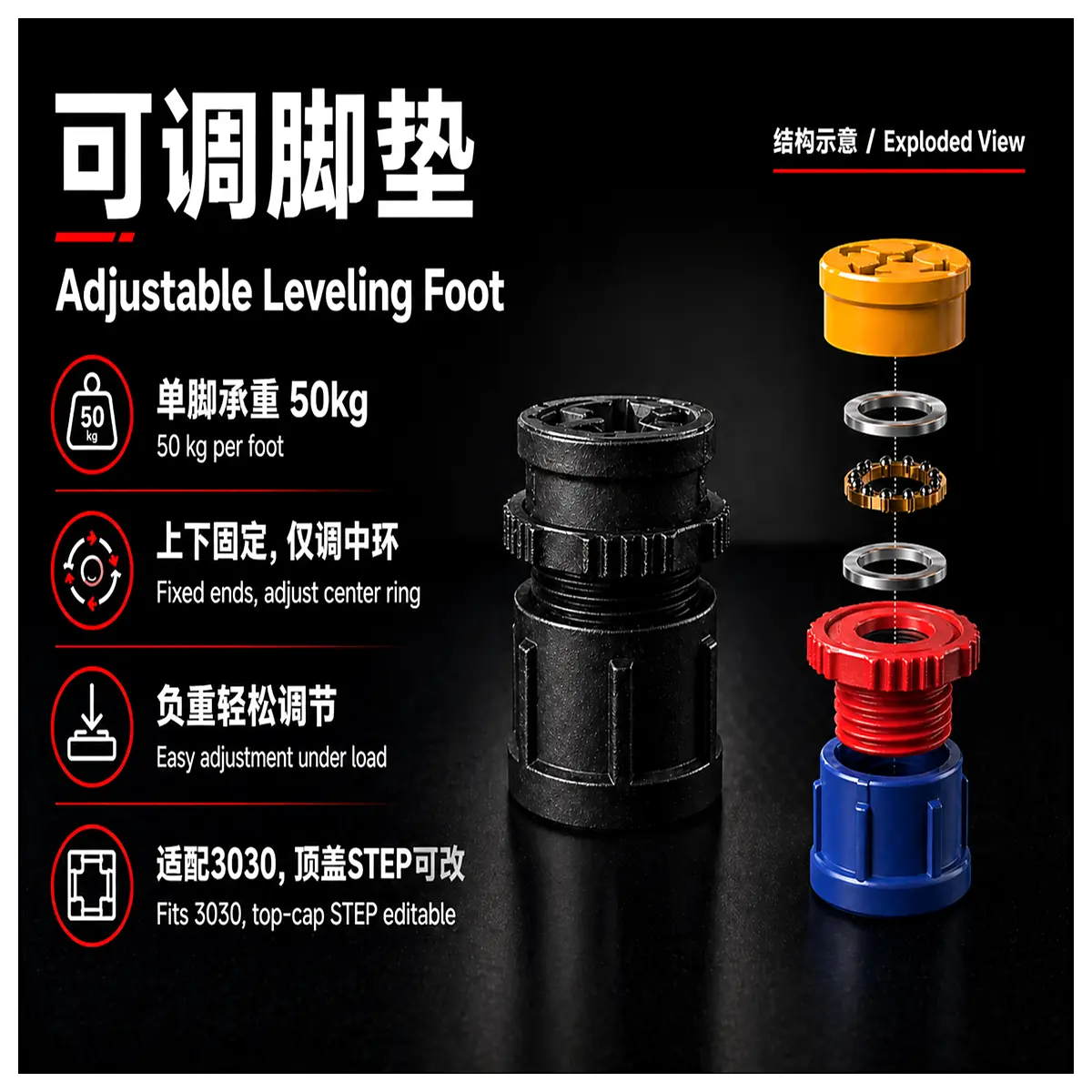adjustable leveling feet for 30x30 aluminum extrusion profile machine vibration dampening rubber pads anti slip base support