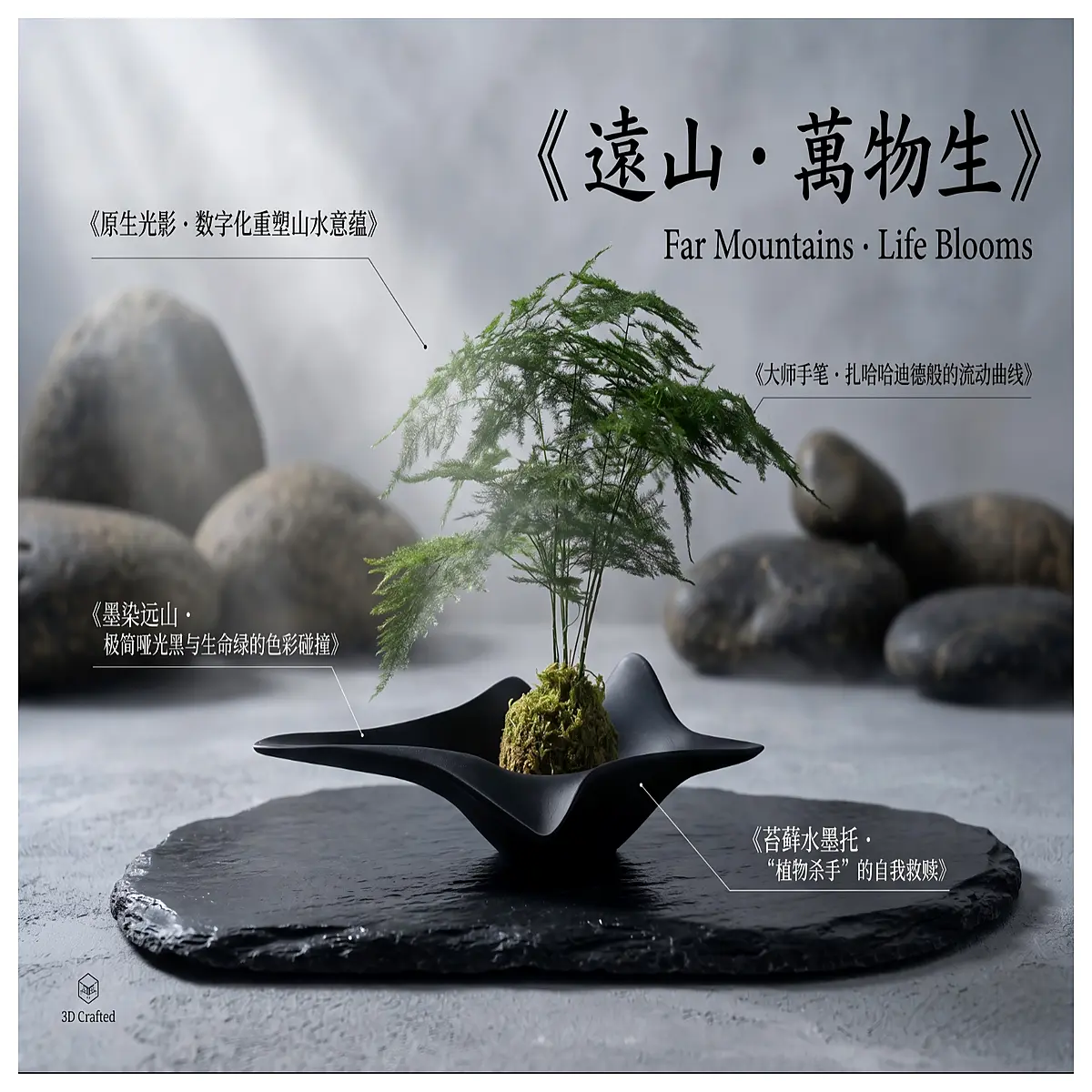 zen moss ball hydroponic planter tray minimalist chinese ink style desk decor air plant holder for ferns