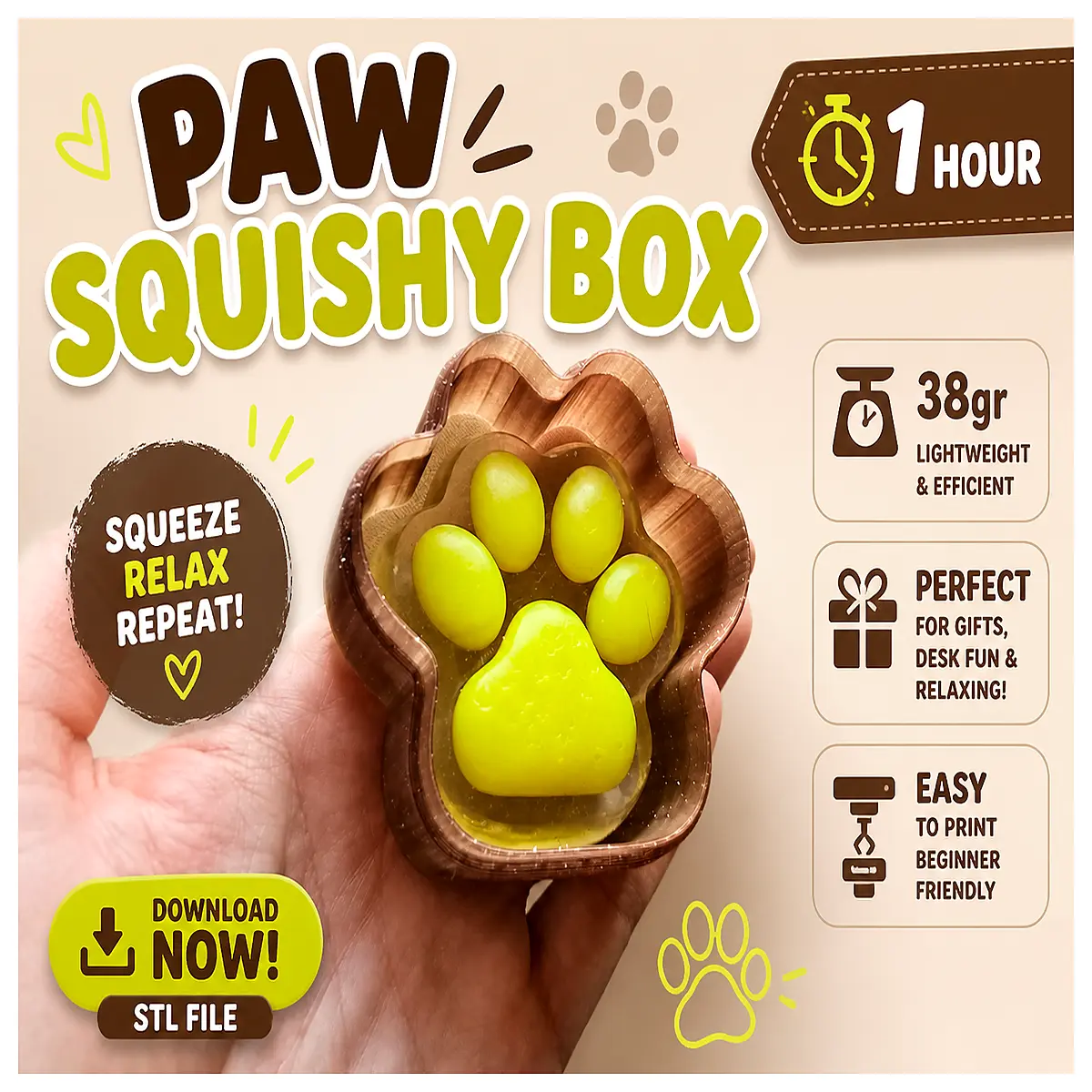 cute paw print stress relief box squishy fidget toy organizer kawaii desk accessory for anxiety relief