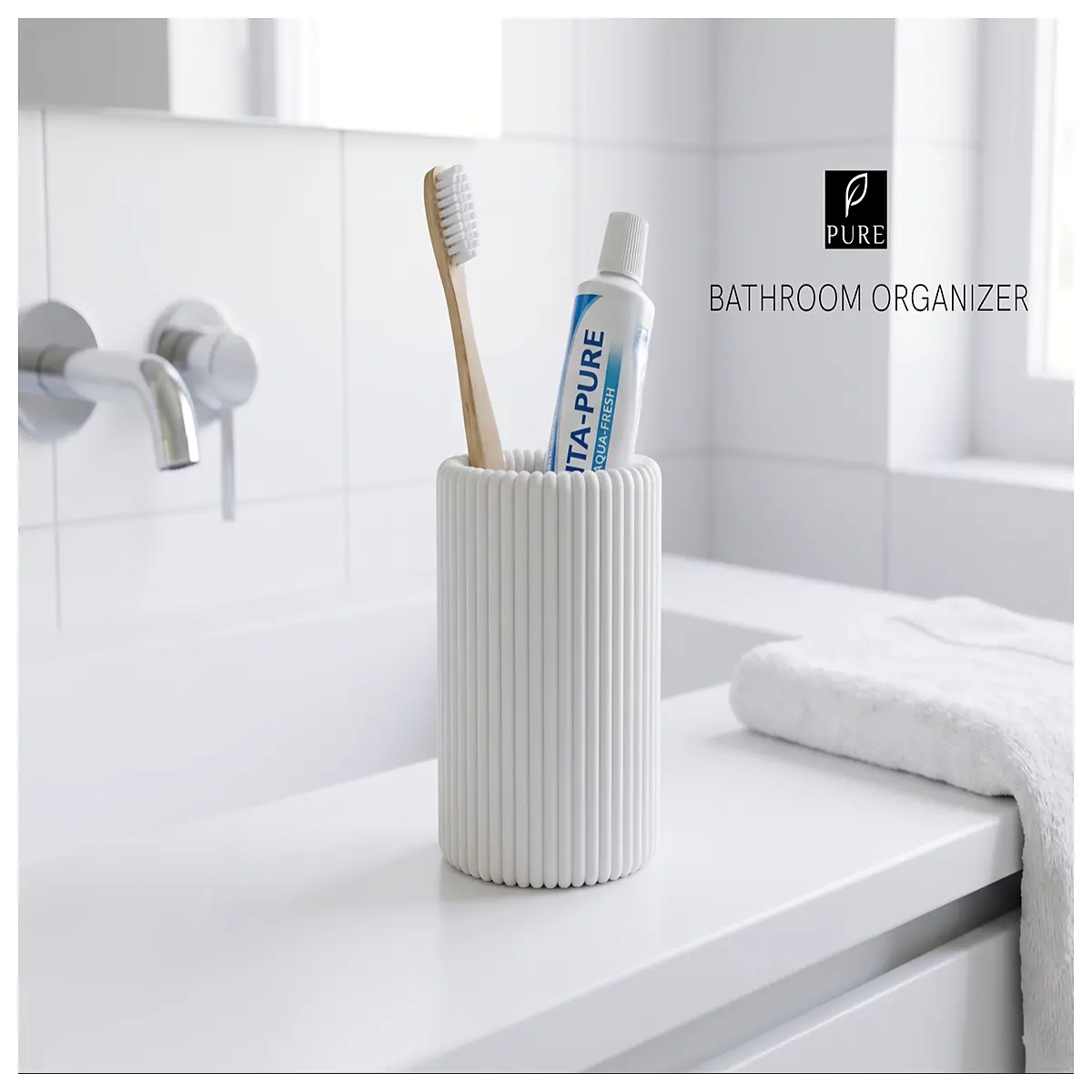bathroom organizer with toothbrush holder and cup for sink vanity counter storage
