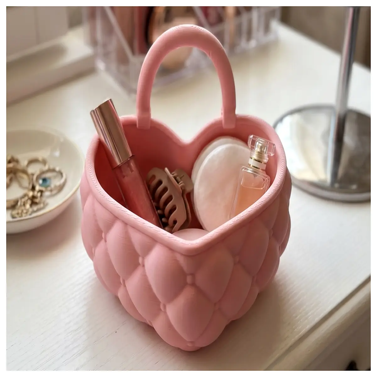 quilted vanity organizer basket for makeup storage cosmetic caddy with handles aesthetic desk accessories for bedroom organization
