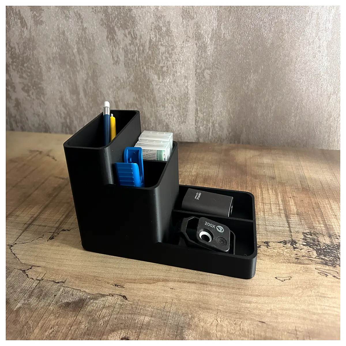 desk organizer with compartments for office supplies pen holder paper tray desktop storage clutter workspace accessories