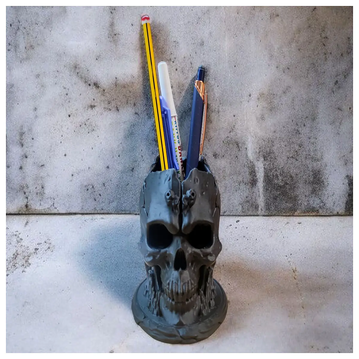 skull pen holder desk organizer macabre gothic stationery storage writing accessories