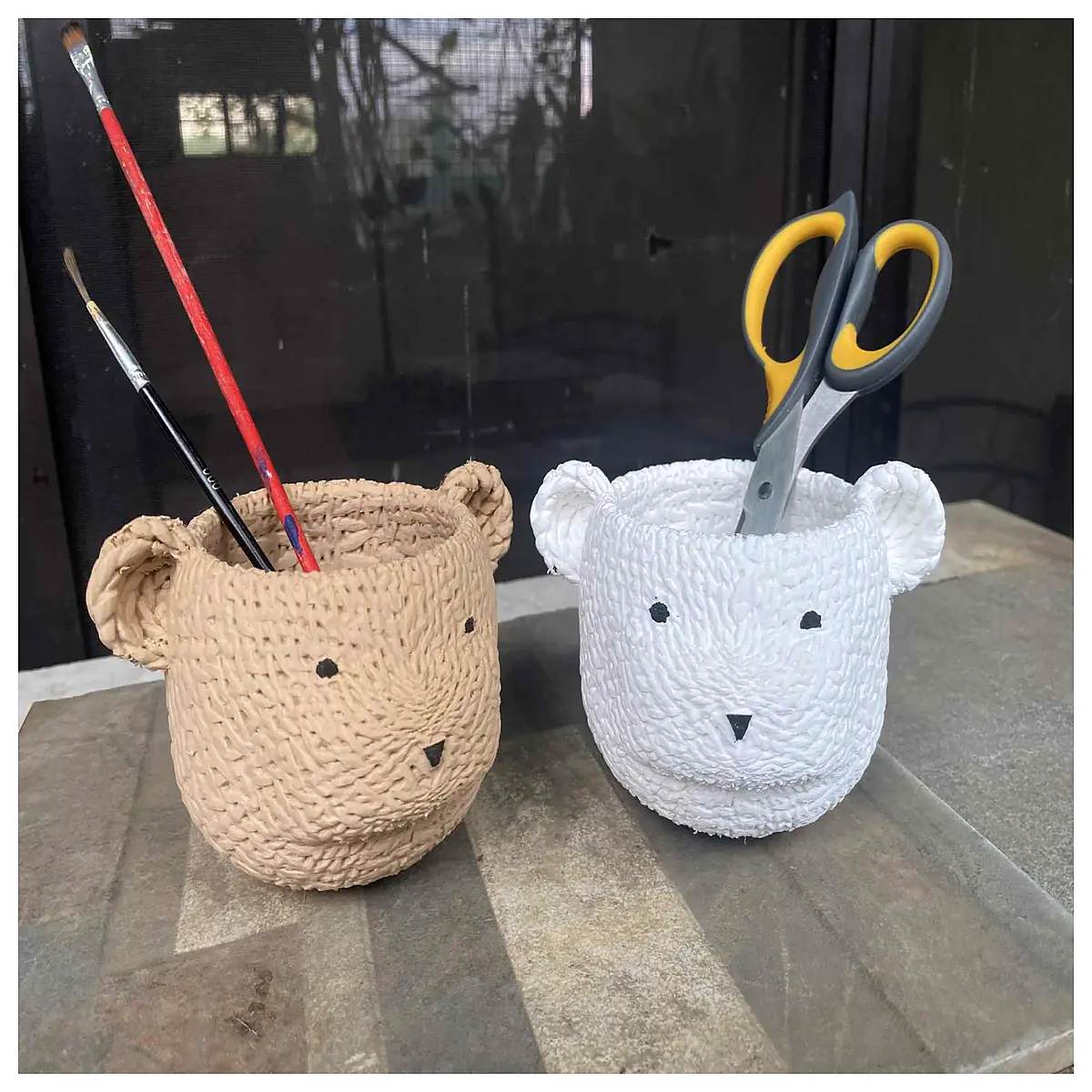 cute knitted bear desk organizer stationery holder pen pot for kids office decor cozy aesthetic storage