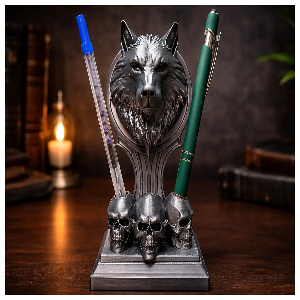 gothic desk organizer wolf skull pen holder dark academia aesthetic stationery storage gamers