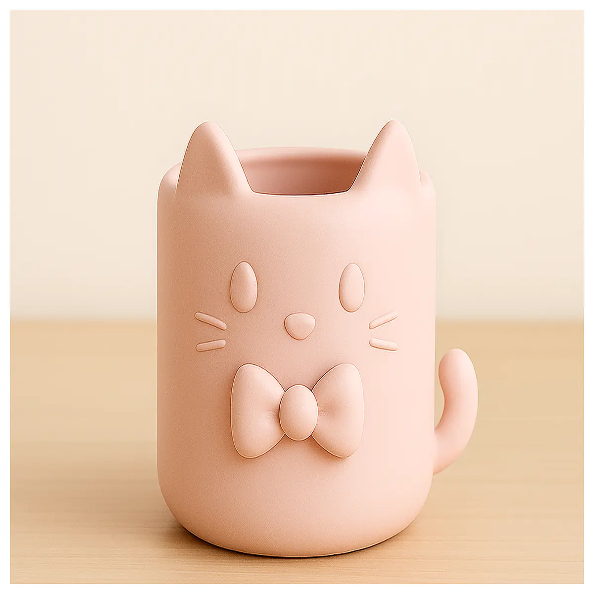 cute bow cat pen holder desk organizer matte finish stationery storage for office school supplies aesthetic desktop accessory