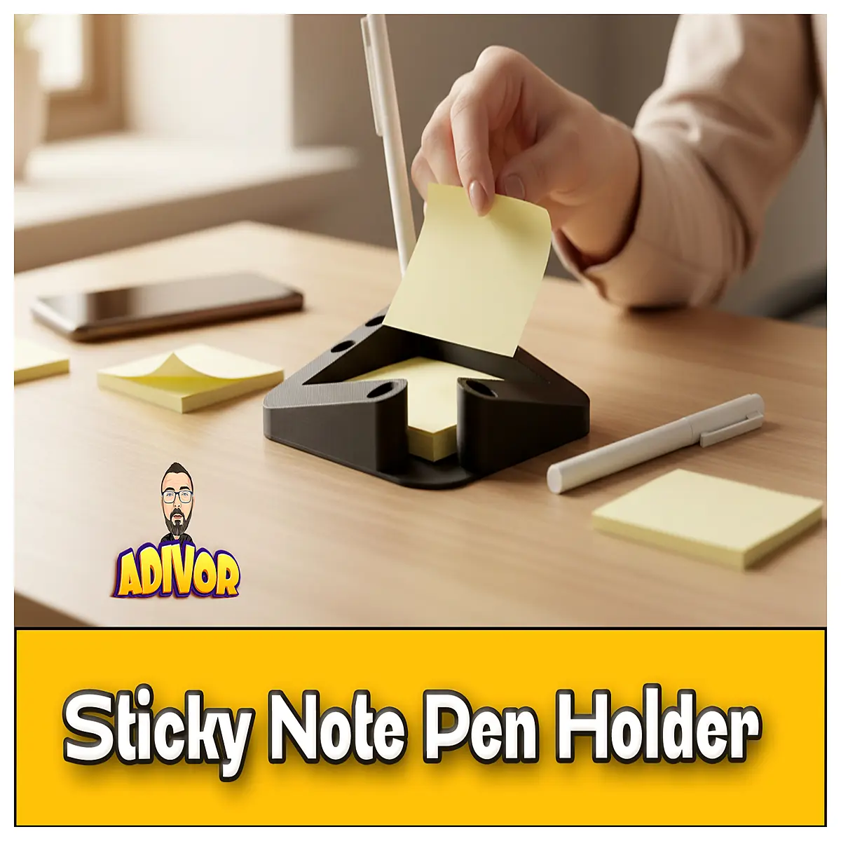 3x3 sticky note holder with built in pen cup organizer desk accessories stationery storage box for office supplies