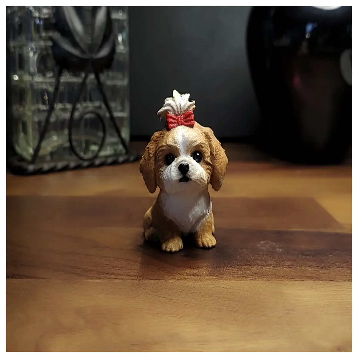 shih tzu puppy statue sitting pose with bow dog figurine home decor resin animal ornament gift