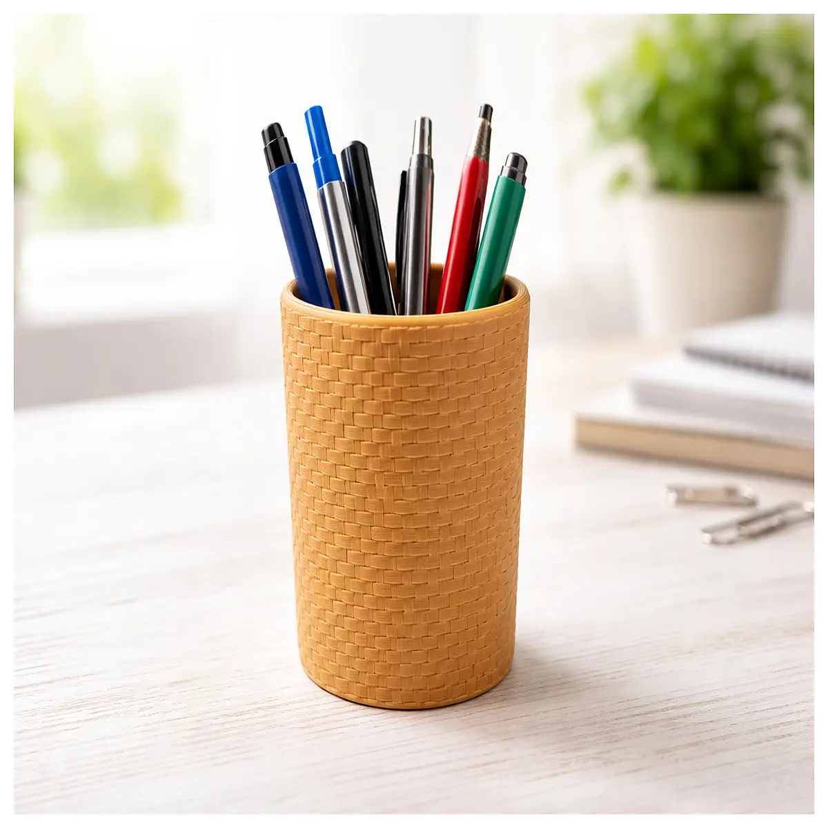 woven desk organizer pen holder boho style storage basket for office supplies cute desktop accessory