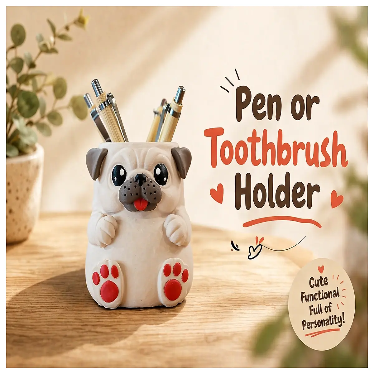 cute pug pencil holder desk organizer bathroom toothbrush cup pet lover gift dog figurine storage