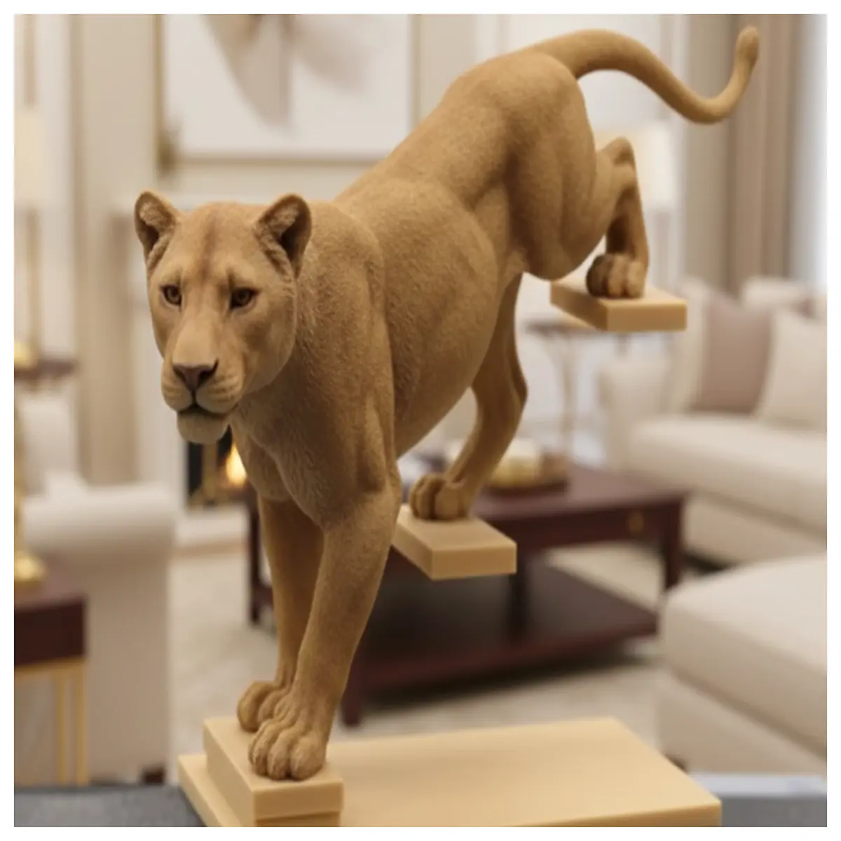 stairs lioness statue dynamic pose art decor home office piece realistic animal sculpture