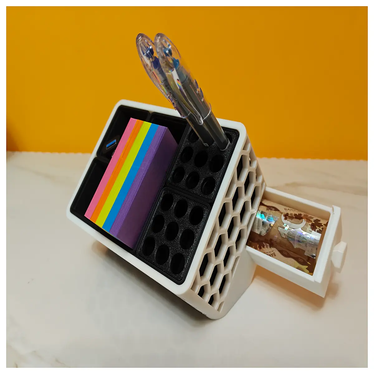 hexagon desk organizer with drawer 6 compartment desktop storage box hexagonal office supply holder cute hex shape pencil cup organizer for desk multi