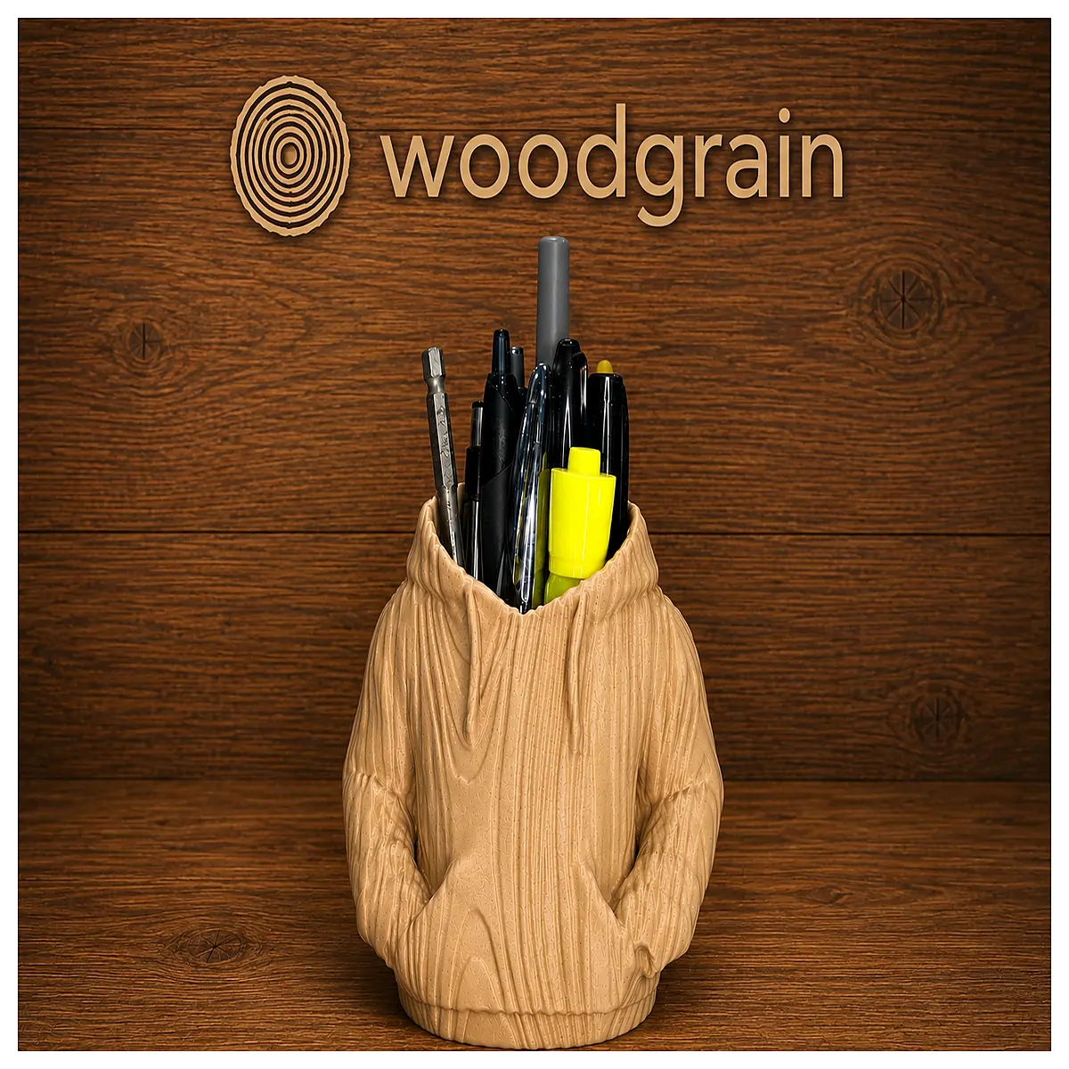 wood grain hoodie pen holder desk organizer cute animal stationery storage container for office school supplies