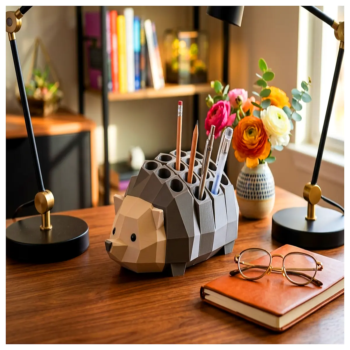 cute geometric hedgehog desk organizer pen holder stationery storage cute animal office supplies desktop accessory