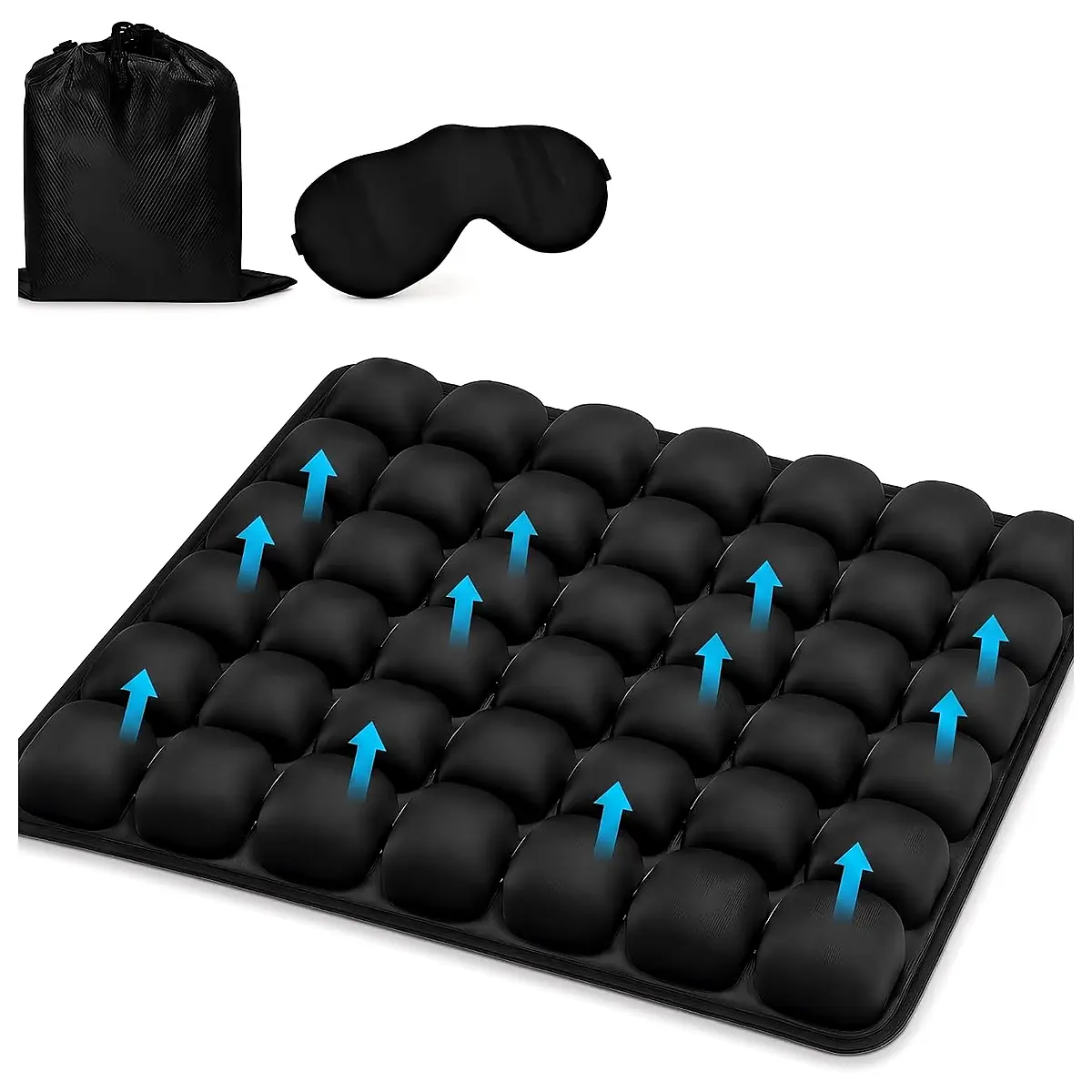 Inflatable Seat Cushion for Airplane Travel, 42 Air Cell Ergonomic Cushion for Long Flights, Office Chair, Car Wheelchair, Adjustable Firmness, No Pump, with Silk Like Eye Mask