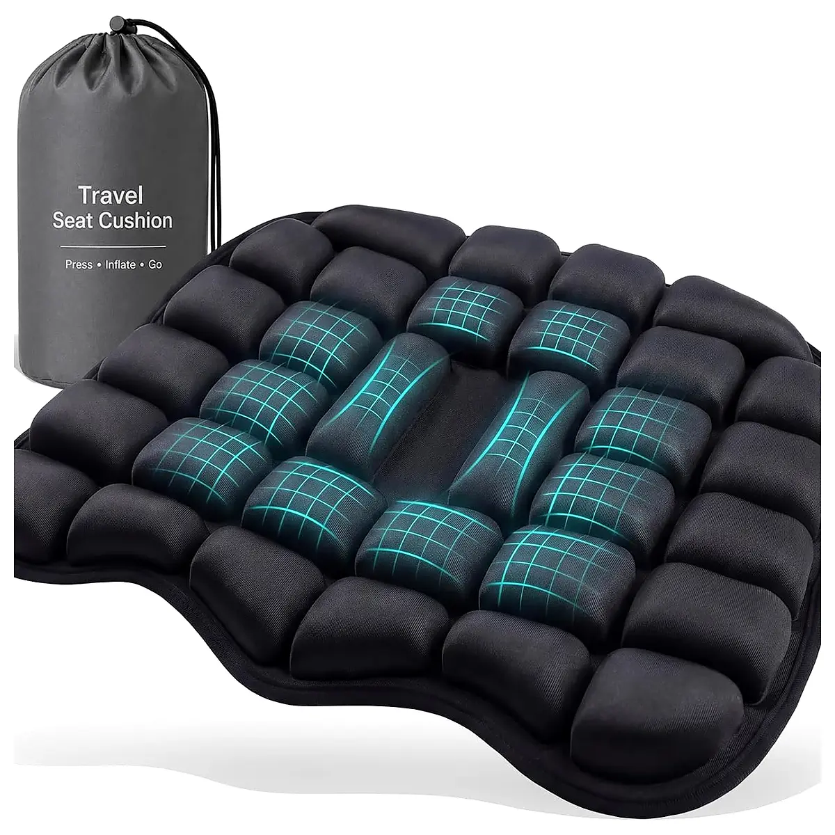 Press to Inflate Airplane Seat Cushion with 32 Large Air Cells, Portable Inflatable Travel Cushion for Long Flights, Office Chair, Car and Wheelchair, Adjustable Firmness, Non Slip Bottom