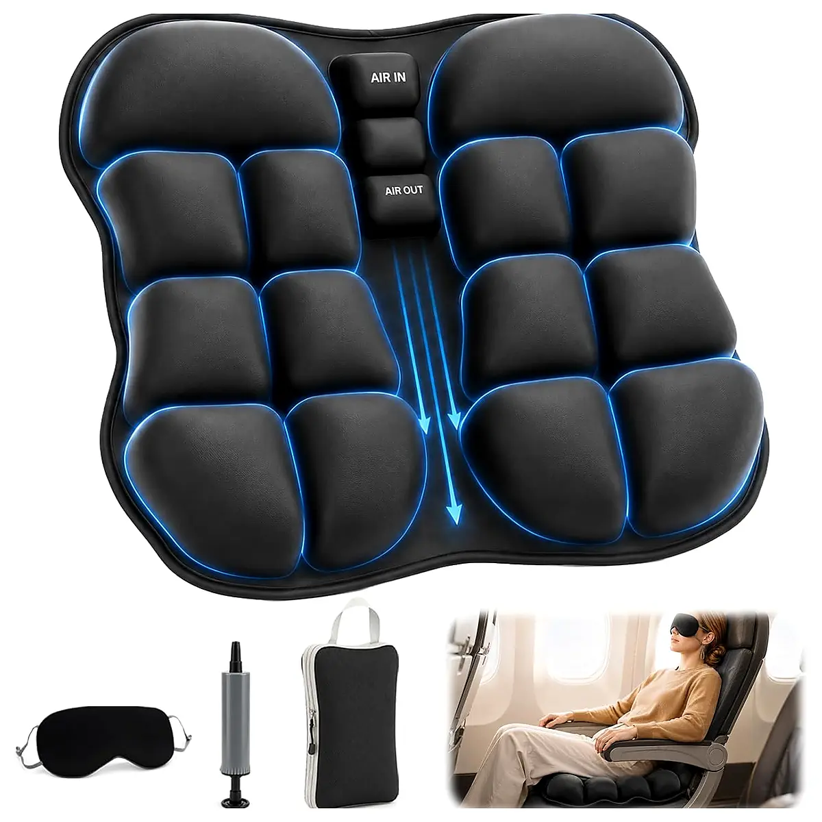 Airplane Seat Cushion, Inflatable Seat Cushion with Built in Pump