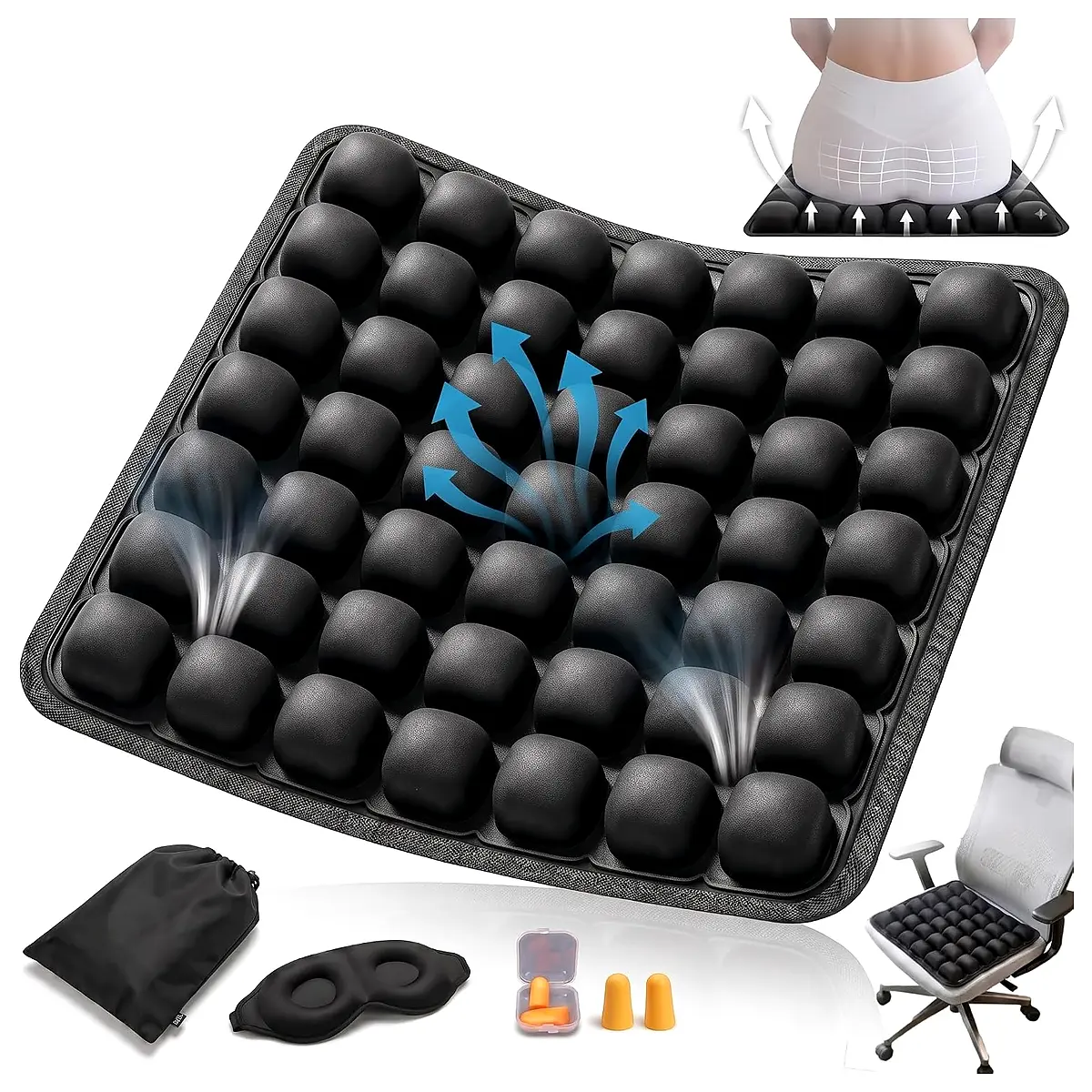Inflatable Travel Cushion, 49 Air Cell Airplane Seat Cushion with Eye Mask